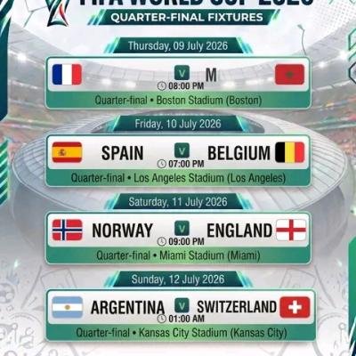 Quarter-final matches in the 2026 FIFA World Cup starts on Thursday