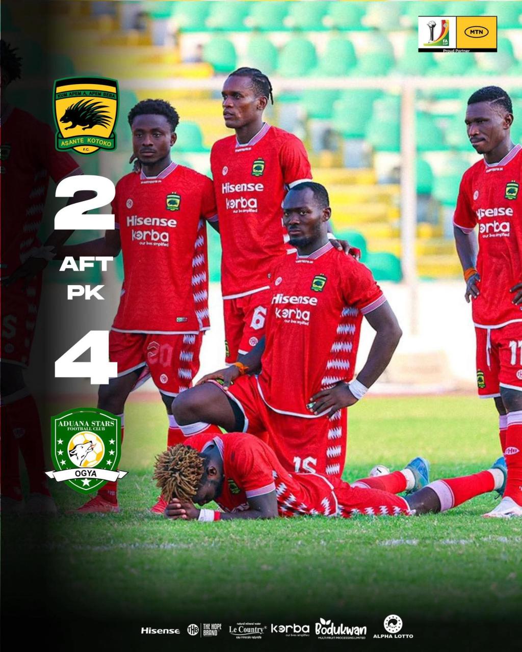 Defending champions Asante Kotoko out of MTN FA Cup as Aduana FC, Medeama SC and Heart of Lions reach last eight